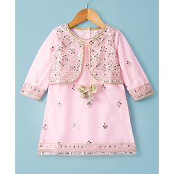Babyhug Net Woven Three Fourth Sleeves Kurti Palazo Set With Sequin Detailing - Pink