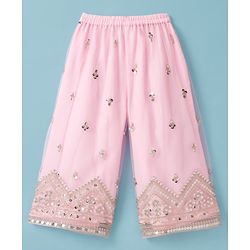 Babyhug Net Woven Three Fourth Sleeves Kurti Palazo Set With Sequin Detailing - Pink