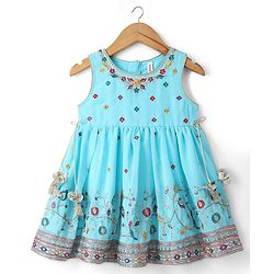 Babyhug Georgette Woven Sleeveless Kurti Palazzo Set with Floral Embroidery & Dupatta - Aqua Blue