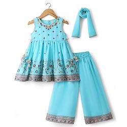 Babyhug Georgette Woven Sleeveless Kurti Palazzo Set with Floral Embroidery & Dupatta - Aqua Blue