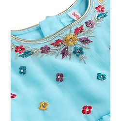 Babyhug Georgette Woven Sleeveless Kurti Palazzo Set with Floral Embroidery & Dupatta - Aqua Blue