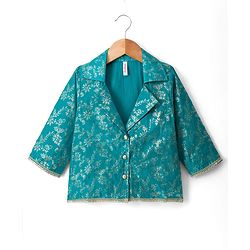 Babyhug Cotton Blend Woven Three Fourth Sleeves Jacket & Lehenga Choli Set with Foil Floral Print - Teal Blue