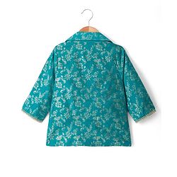 Babyhug Cotton Blend Woven Three Fourth Sleeves Jacket & Lehenga Choli Set with Foil Floral Print - Teal Blue