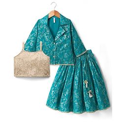 Babyhug Cotton Blend Woven Three Fourth Sleeves Jacket & Lehenga Choli Set with Foil Floral Print - Teal Blue