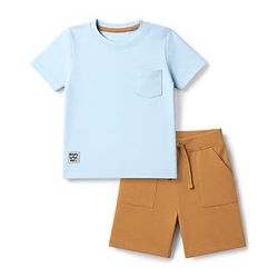 Babyhug 100% Cotton Knit Half Sleeves Solid T-Shirt & Shorts Set With Patch - Light Blue