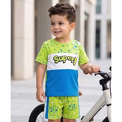 Babyhug 100% Cotton Knit Half Sleeves Text Printed T-Shirt & Shorts Set - Lime Green & Light Blue