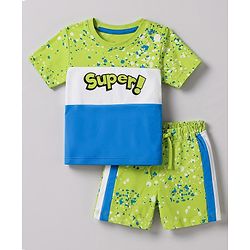 Babyhug 100% Cotton Knit Half Sleeves Text Printed T-Shirt & Shorts Set - Lime Green & Light Blue