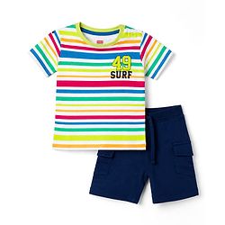 Babyhug 100% Cotton Single Jersey Knit Half Sleeves Striped T-Shirt & Shorts Set - Green Blue