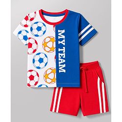 Babyhug Single Jersey Knit Half Sleeves T-Shirt & Shorts Set Football Print - Red & Navy Blue