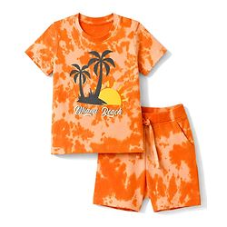 Babyhug Single Jersey Knit Half Sleeves Tie & Dye Effect T-Shirt & Shorts Co Ord Set with Miami Beach Print - Orange