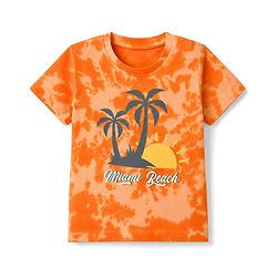 Babyhug Single Jersey Knit Half Sleeves Tie & Dye Effect T-Shirt & Shorts Co Ord Set with Miami Beach Print - Orange