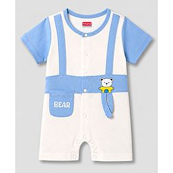Babyhug 100% Cotton Single Jersey Knit Half Sleeves Romper With Bear Print & Applique - Multicolor