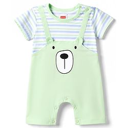Babyhug 100% Cotton Single Jersey Knit Half Sleeves Striped Romper With Bear Print - Light Green