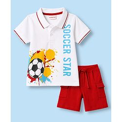 Babyhug 100% Cotton Single Jersey Knit Half Sleeves Polo T-Shirt & Shorts With Soccer Print - White & Red