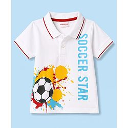 Babyhug 100% Cotton Single Jersey Knit Half Sleeves Polo T-Shirt & Shorts With Soccer Print - White & Red