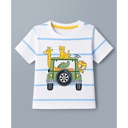 Babyhug 100% Cotton Knit Half Sleeves Animals Printed & Striped T-Shirt & Shorts Set - White & Yellow