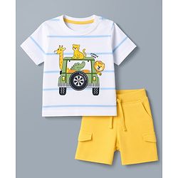 Babyhug 100% Cotton Knit Half Sleeves Animals Printed & Striped T-Shirt & Shorts Set - White & Yellow