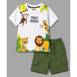 Babyhug 100% Cotton Single Jersey Knit Half Sleeves T-Shirt & Shorts With Animal Print - White