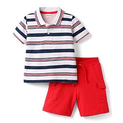 Babyhug Single Jersey Knit Half Sleeves Striped Polo T-Shirt & Shorts Set - Multicolor