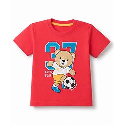 Babyhug 100% Cotton Knit Half Sleeves Bear Printed T-Shirt & Shorts Set With Patch - Red & Blue