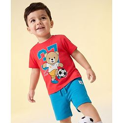 Babyhug 100% Cotton Knit Half Sleeves Bear Printed T-Shirt & Shorts Set With Patch - Red & Blue