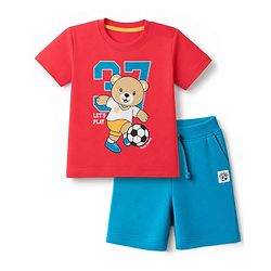 Babyhug 100% Cotton Knit Half Sleeves Bear Printed T-Shirt & Shorts Set With Patch - Red & Blue