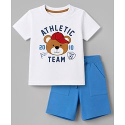 Babyhug Single Jersey Knit Half Sleeves T-Shirt & Shorts Set Teddy Print - White & Blue