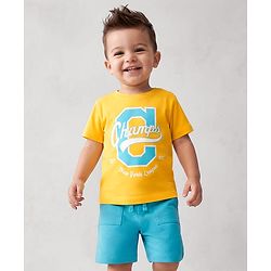 Babyhug 100% Cotton Knit Half Sleeves Text Printed T-Shirt & Shorts Set - Yellow & Blue