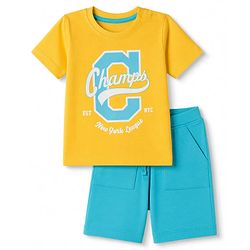 Babyhug 100% Cotton Knit Half Sleeves Text Printed T-Shirt & Shorts Set - Yellow & Blue