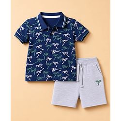 Babyhug 100% Cotton Single Jersey Knit Half Sleeves T-Shirt & Shorts With Plam Tree Print - Navy Blue & Grey