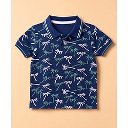 Babyhug 100% Cotton Single Jersey Knit Half Sleeves T-Shirt & Shorts With Plam Tree Print - Navy Blue & Grey