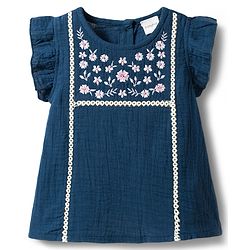 Babyhug Cotton Woven Frill Sleeves Top with Floral Embroidery Multi Color 6-9 Months