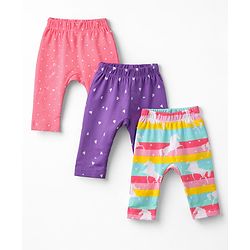 Babyhug 100% Cotton Interlock Knit Full Length Hearts Star & Unicorn Theme Printed Diaper Leggings Pack Of 3 - Multi Color