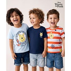 Babyhug Disney Cotton Knit Half Sleeves T-Shirt with Winnie the Pooh Print - Red & Blue