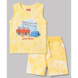 Babyhug 100% Cotton Single Jersey Knit Sleeveless Tank T-Shirt & Shorts Set With Tie & Dye Effect & Van Print - Yellow