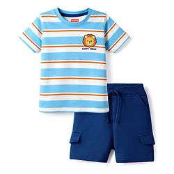 Babyhug 100% Cotton Single Jersey Knit Half Sleeves Striped T-Shirt & Shorts Set with Lion Print - Multicolor