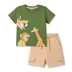 Babyhug Single Jersey Knit Half Sleeves T-Shirt & Shorts Set With Animal Print - Green & Brown