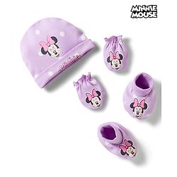Babyhug Disney Interlock Knit Cap Mittens & Booties Set With Minnie Mouse Print Lavender - Diameter 15 cm