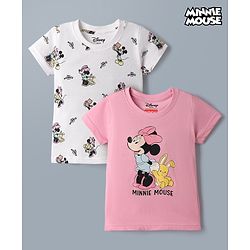 Babyhug Disney 100% Cotton Single Jersey Knit Half Sleeves Tshirts With Minnie Mouse Print Pack Of 2 - Pink & White