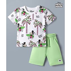 Babyhug Disney 100% Cotton Knit Half Sleeves T-Shirt & Shorts Set With Mickey Mouse Graphics - Light Green