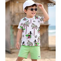 Babyhug Disney 100% Cotton Knit Half Sleeves T-Shirt & Shorts Set With Mickey Mouse Graphics - Light Green