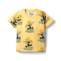 Babyhug Disney 100% Cotton Knit Half Sleeves Co-Ords T-Shirt & Shorts Set With Mickey Mouse Graphic & Beach Theme Print - Yellow