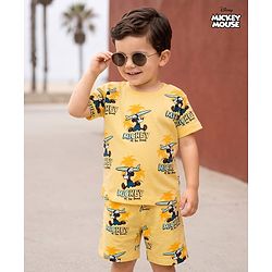 Babyhug Disney 100% Cotton Knit Half Sleeves Co-Ords T-Shirt & Shorts Set With Mickey Mouse Graphic & Beach Theme Print - Yellow