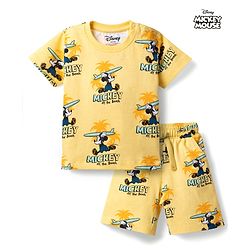 Babyhug Disney 100% Cotton Knit Half Sleeves Co-Ords T-Shirt & Shorts Set With Mickey Mouse Graphic & Beach Theme Print - Yellow