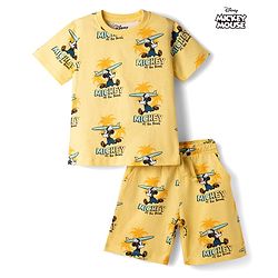 Babyhug Disney 100% Cotton Knit Half Sleeves Co-Ords T-Shirt & Shorts Set With Mickey Mouse Graphic & Beach Theme Print - Yellow