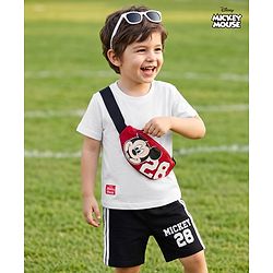 Babyhug Disney 100% Cotton Knit Half Sleeves T-Shirt & Shorts Set With Mickey Mouse Graphic & Bag Applique - White