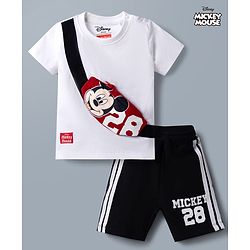 Babyhug Disney 100% Cotton Knit Half Sleeves T-Shirt & Shorts Set With Mickey Mouse Graphic & Bag Applique - White