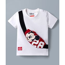 Babyhug Disney 100% Cotton Knit Half Sleeves T-Shirt & Shorts Set With Mickey Mouse Graphic & Bag Applique - White