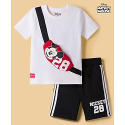 Babyhug Disney 100% Cotton Knit Half Sleeves T-Shirt & Shorts Set With Mickey Mouse Graphic & Bag Applique - White