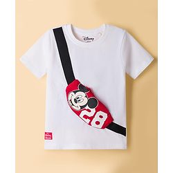 Babyhug Disney 100% Cotton Knit Half Sleeves T-Shirt & Shorts Set With Mickey Mouse Graphic & Bag Applique - White